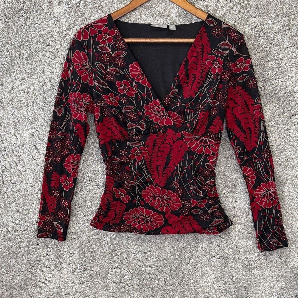 Y2K Sheer Ruched Long Sleeve Floral V-Neck Top Red Black Medium whimsigoth